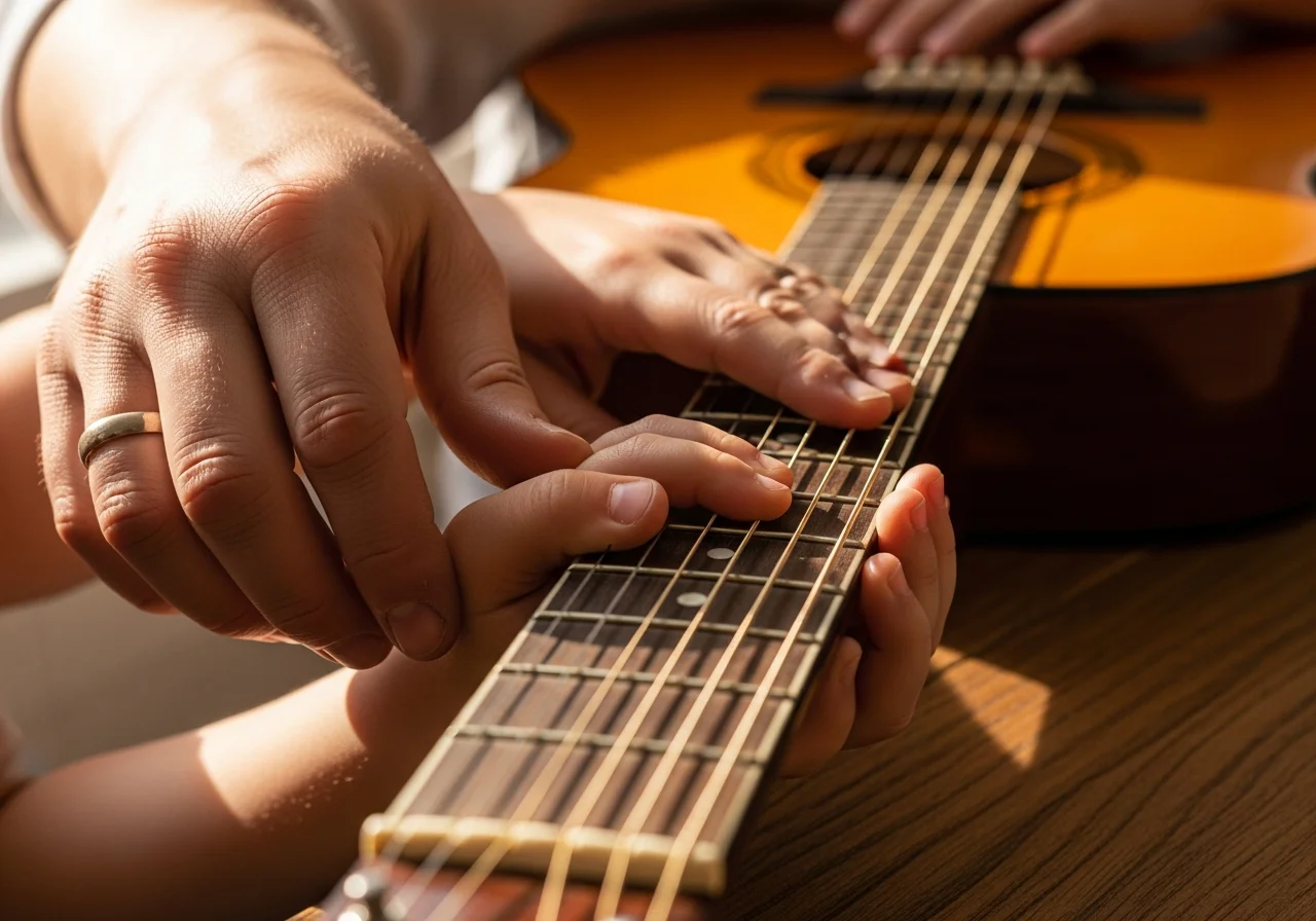 Hände an einer Akustikgitarre
